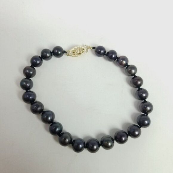 Vintage Black Cultured Pearl Beaded Bracelet, Yellow Gold Filled Clasp, Estate - Picture 7 of 9